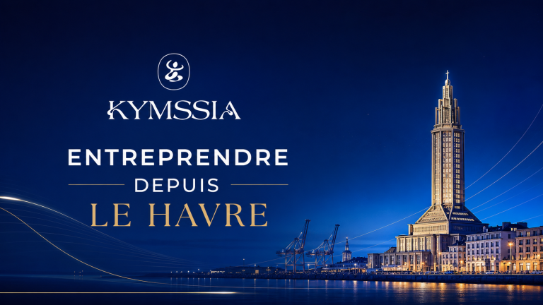 Illustration bleue de Saint-Joseph et du port pour entreprendre au Havre avec Kymssia