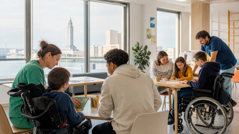 Des professionnels accompagnent des enfants et adolescents en situation de handicap dans un espace éducatif lumineux au Havre.