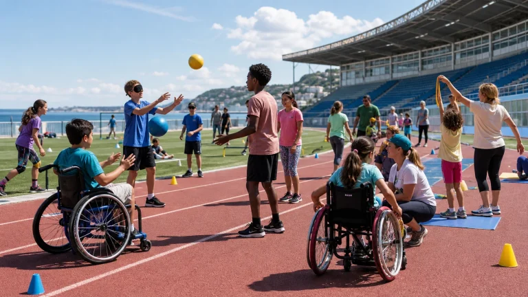 Des enfants et adolescents pratiquent des activités sportives adaptées dans un stade au Havre.