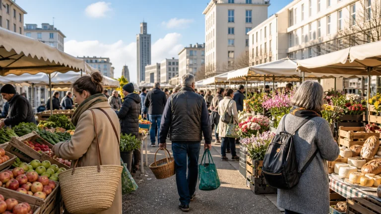 Des habitants font leurs courses dans un marché de plein air au Havre.