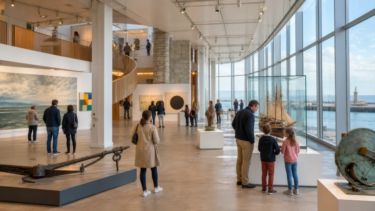 Des visiteurs découvrent des œuvres et des objets maritimes dans un musée lumineux au Havre.