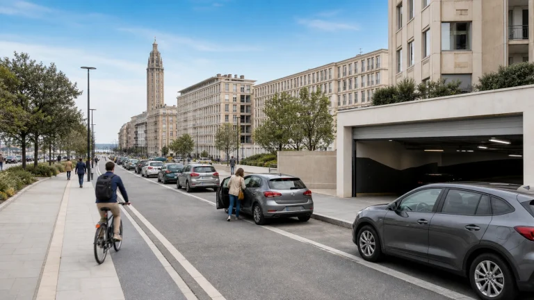 Une rue du Havre présente des places de stationnement et l’entrée d’un parking urbain.