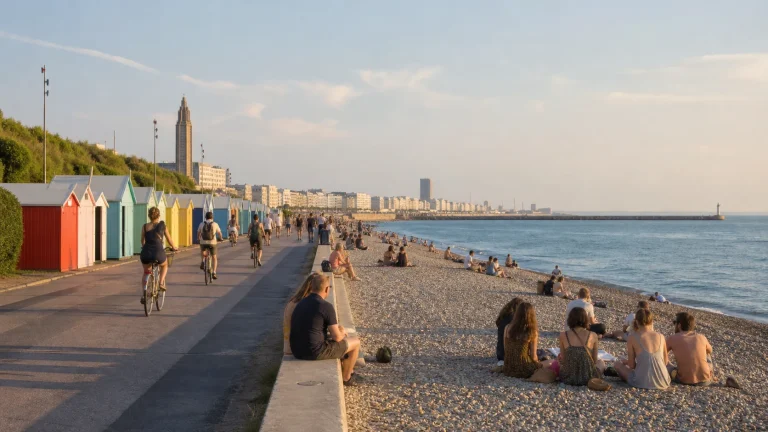 Promeneurs et cyclistes profitent de la plage de galets et du front de mer du Havre.