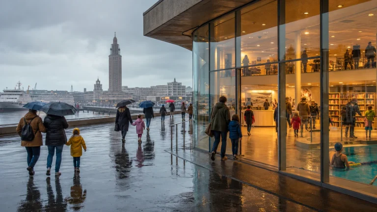 Des familles marchent sous la pluie au Havre vers un lieu culturel et de loisirs éclairé.