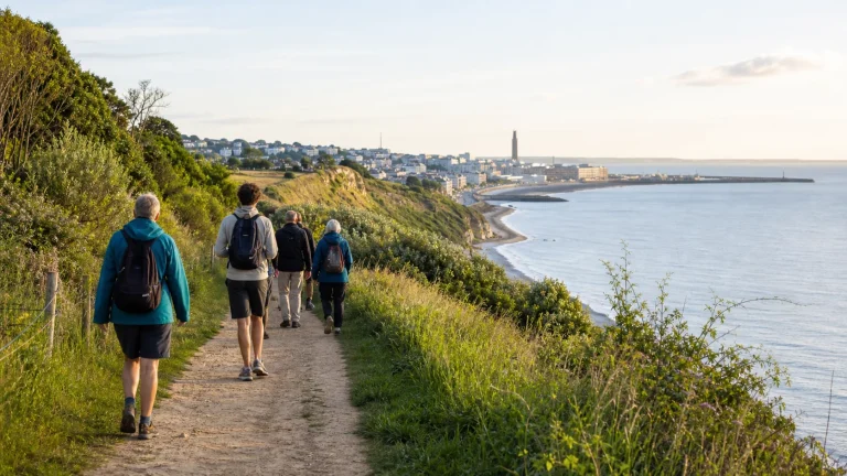 Un groupe de marcheurs suit un sentier côtier avec Le Havre et la mer en arrière-plan.