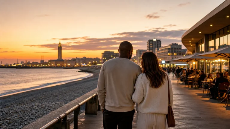 Un couple se promène sur le front de mer du Havre au coucher du soleil.