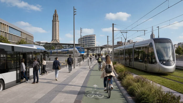 Tramway, bus, train et cyclistes se croisent dans un pôle de transports au Havre.