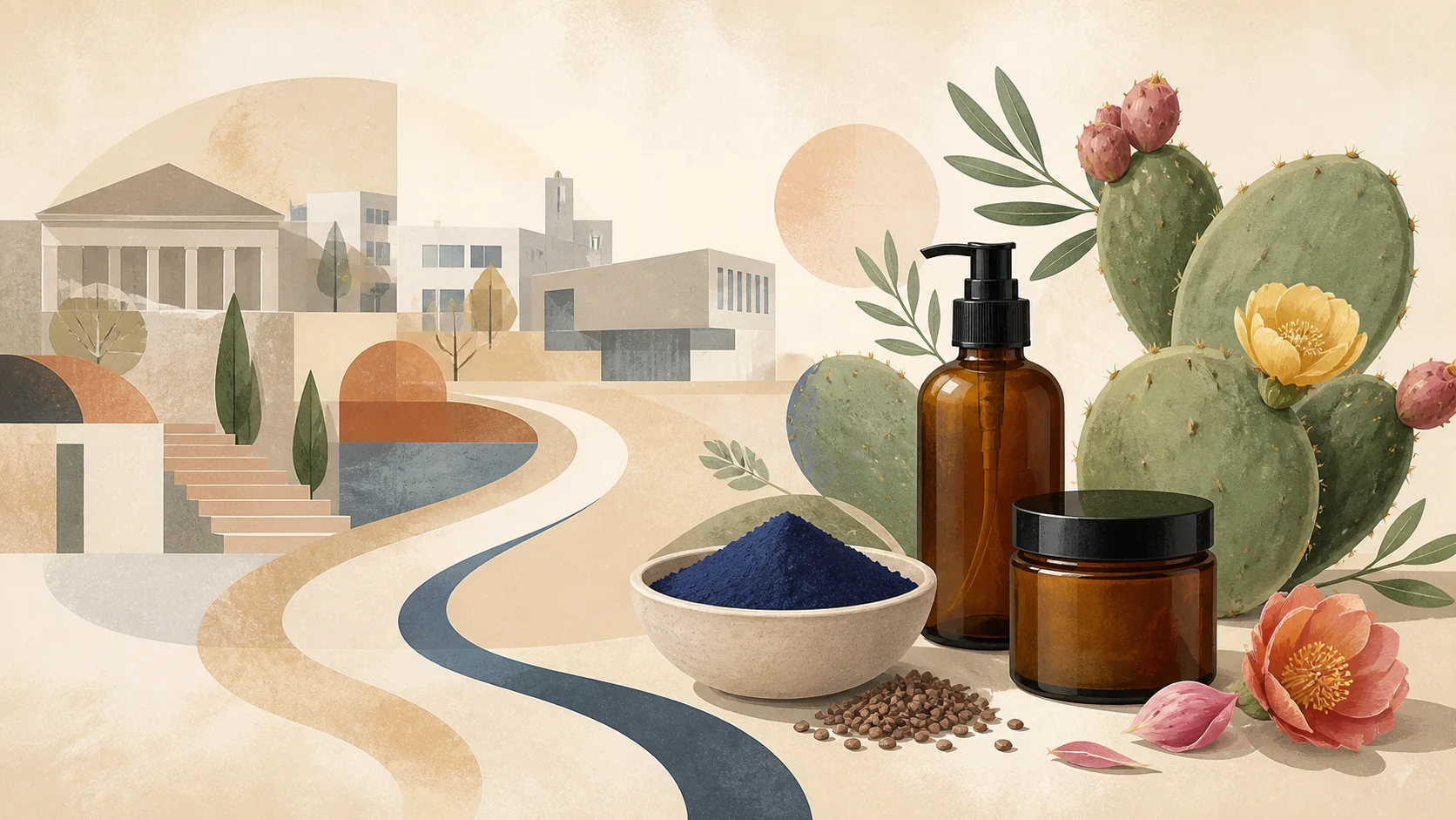 Illustration éditoriale d’un parcours universitaire vers l’entrepreneuriat cosmétique, avec Nila et figuier de Barbarie.