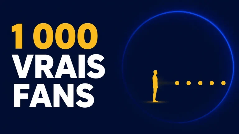 1000 vrais fans : un artiste sur scène relié à une communauté locale par des lignes lumineuses bleues et jaunes.