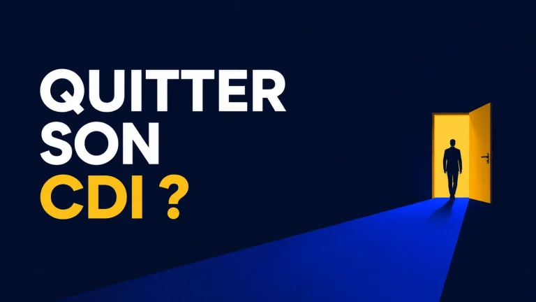 Un entrepreneur avance entre un bureau et un studio créatif dans une composition bleu et jaune.