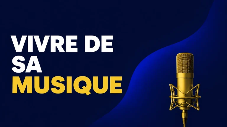 Vivre de sa musique : trois intervenants échangent autour de micros dans un univers bleu et jaune.